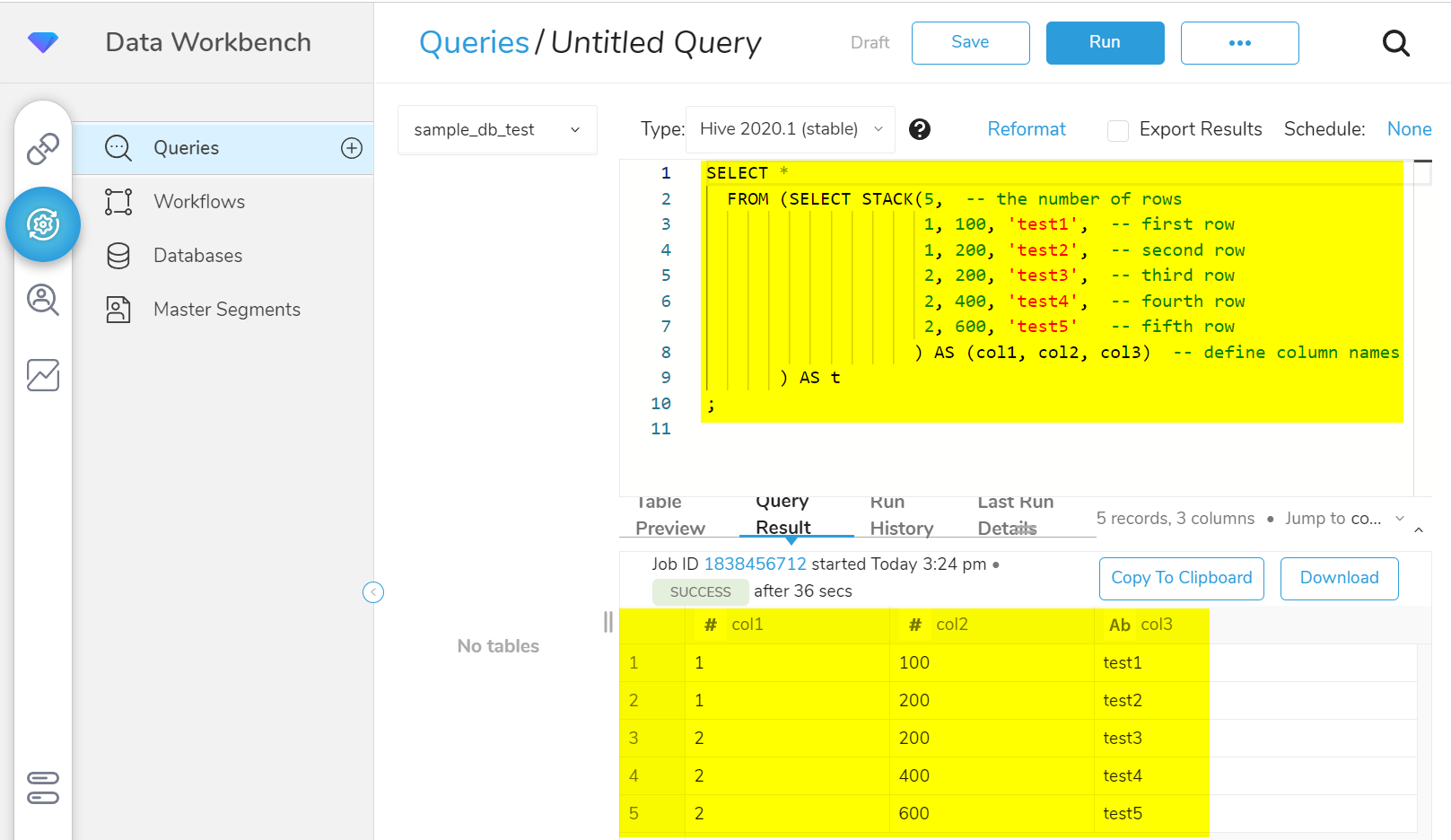 Hive Multiple Line SQL Test