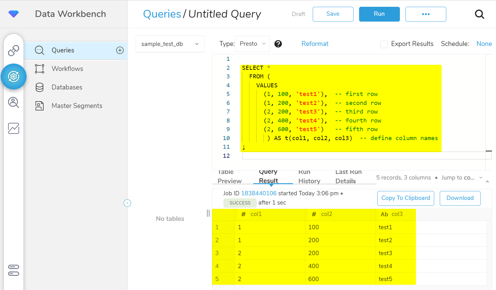 Presto Multiple Line SQL Test